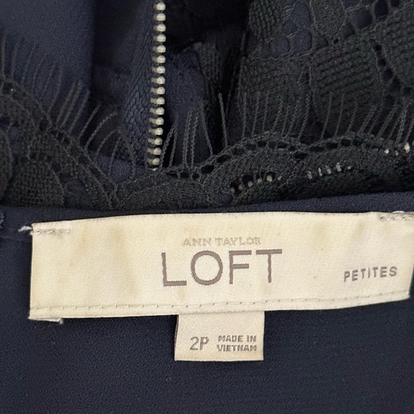 Loft sz  2P blouse, top in a deep navy with a black lace overlay stitched on top - Picture 11 of 13